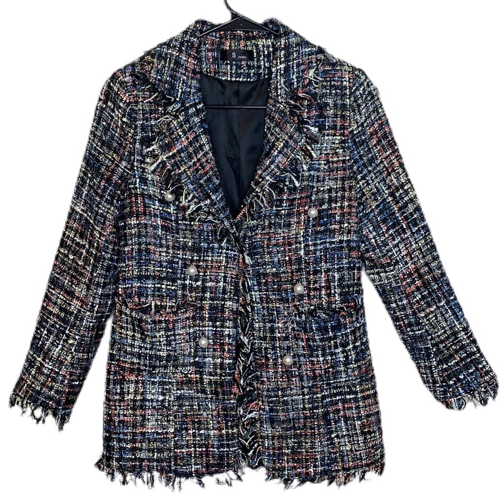 New rainbow tweed blazer with pearl buttons